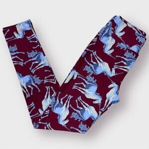 LuLaRoe Blue Storybook Unicorn Burgundy Wine Print Leggings Women's OS One Size